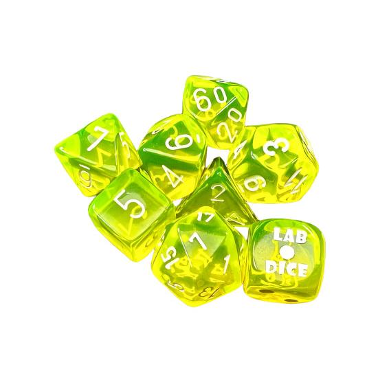 Chessex Lab Dice 7-Piece Sets: Translucent - Neon Yellow/White