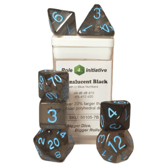 Role 4 Initiative Set of 7 Dice with Arch'D4: Translucent Black (Smoke) with Light Blue Ink