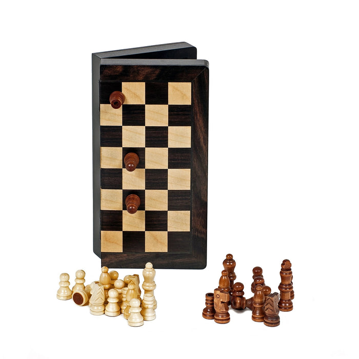 WE Games: 8" Magnetic Folding Black Stained Wood Chess Set