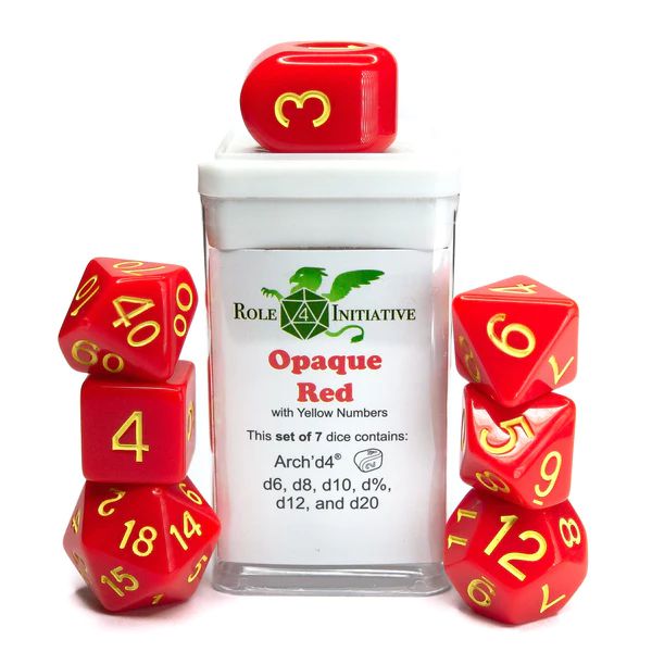 Role 4 Initiative Set of 7 Dice with Arch'D4: Opaque Red with Yellow Numbers