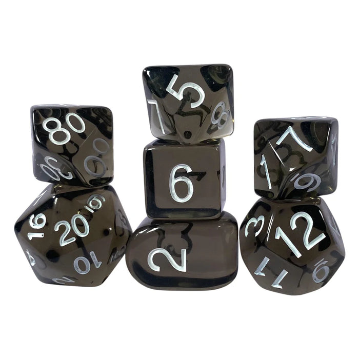 Role 4 Initiative Set of 7 Dice with Arch'D4: Translucent Black (Smoke) with White Ink
