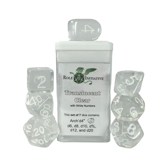Role 4 Initiative Set of 7 Dice with Arch'D4: Translucent Clear with White Numbers