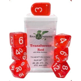 Role 4 Initiative Set of 7 Dice with Arch'D4: Trasculent Red with White Numbers