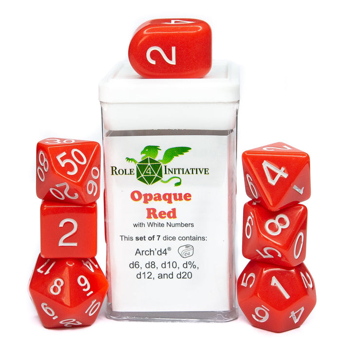 Role 4 Initiative Set of 7 Dice with Arch'D4: Opaque Red with White Numbers