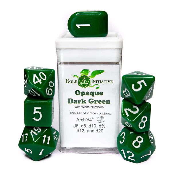 Role 4 Initiative Set of 7 Dice with Arch'D4: Opaque Dark Green with W —  LVLUP GAMES