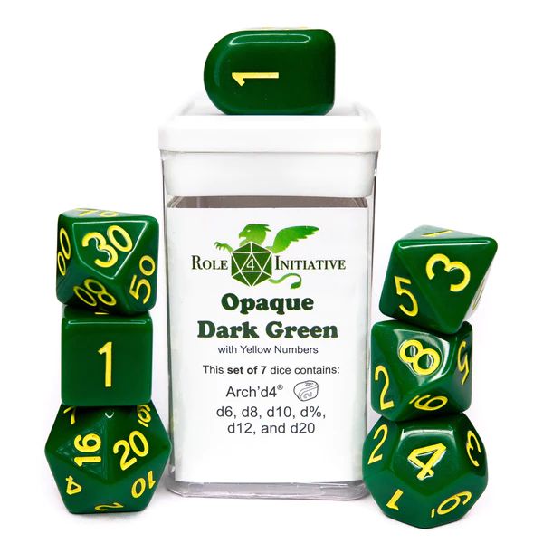 Role 4 Initiative Set of 7 Dice with Arch'D4: Opaque Dark Green with Yellow Numbers