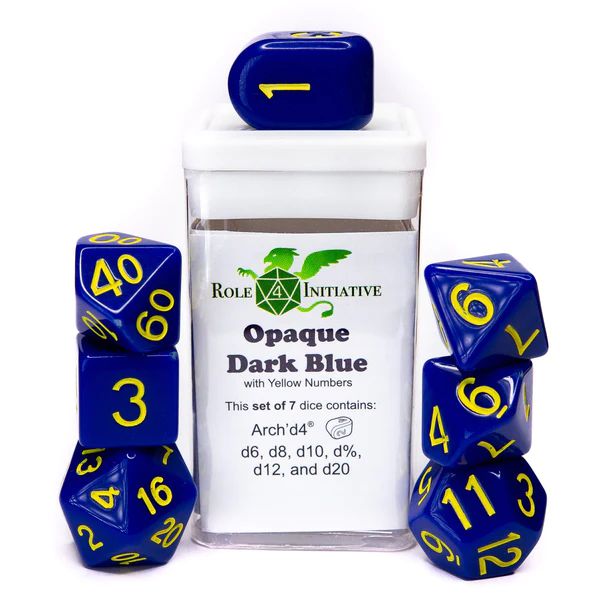 Role 4 Initiative Set of 7 Dice with Arch'D4: Opaque Dark Blue with Yellow Numbers