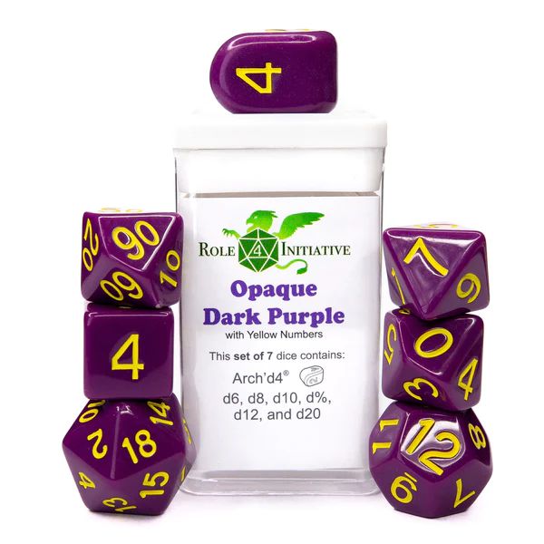 Role 4 Initiative Set of 7 Dice with Arch'D4: Opaque Dark Purple with Yellow Numbers