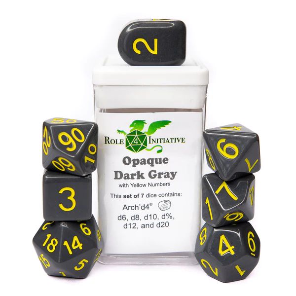 Role 4 Initiative Set of 7 Dice with Arch'D4: Opaque Dark Gray with Yellow Numbers