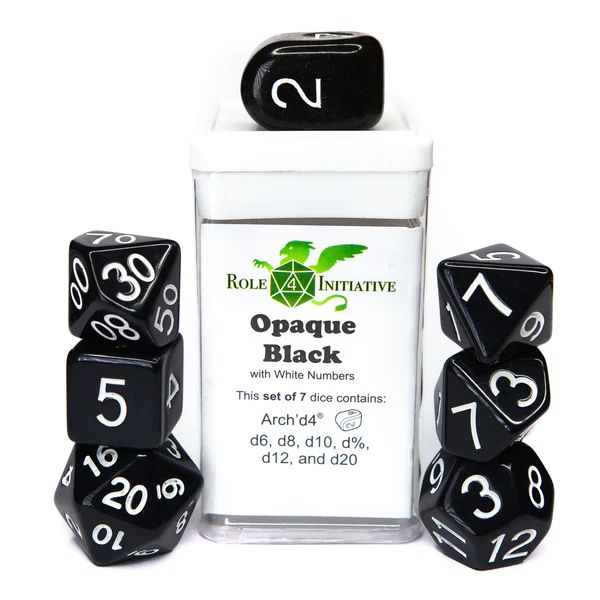 Role 4 Initiative Set of 7 Dice with Arch'D4: Opaque Black with White Numbers