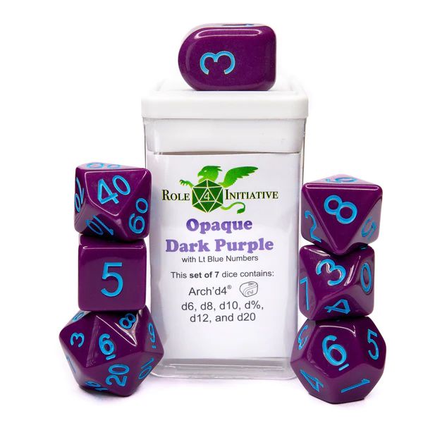 Role 4 Initiative Set of 7 Dice with Arch'D4: Opaque Dark Purple with Lt Blue Numbers