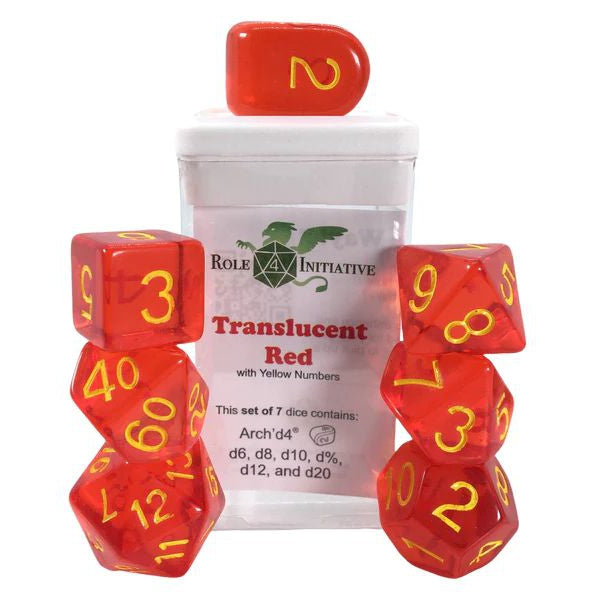 Role 4 Initiative Set of 7 Dice with Arch'D4: Trasculent Red with Yellow Numbers