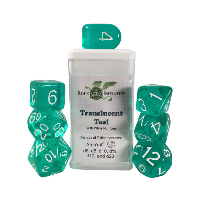 Role 4 Initiative Set of 7 Dice with Arch'D4: Translucent Teal with White Numbers