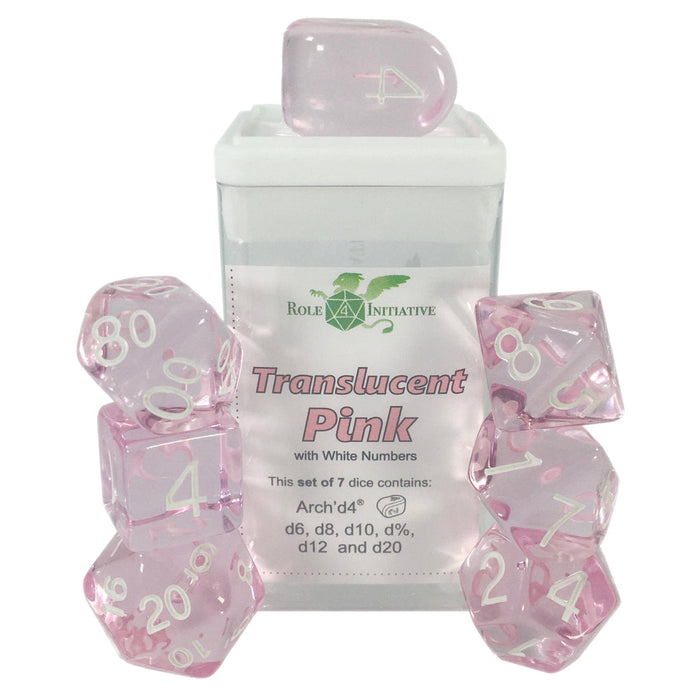 Role 4 Initiative Set of 7 Dice with Arch'D4: Translucent Pink with White Numbers