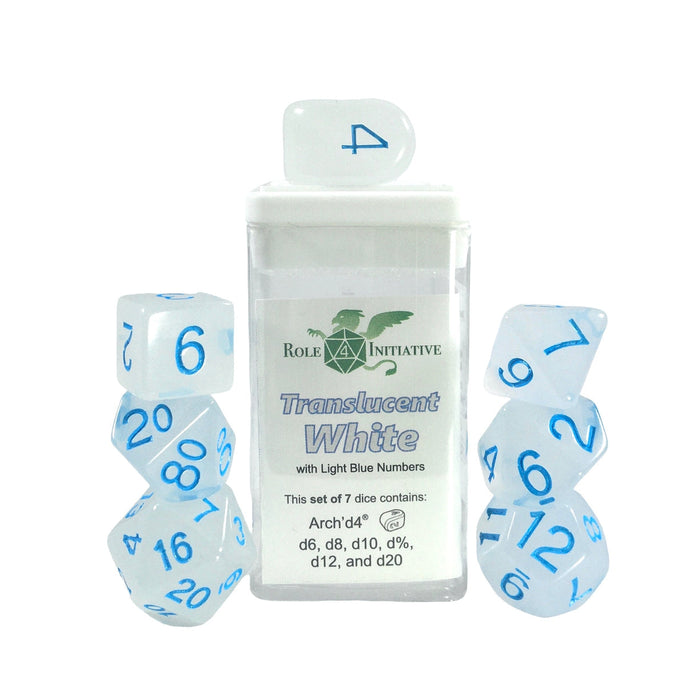 Role 4 Initiative Set of 7 Dice with Arch'D4: Translucent White with Light Blue Numbers