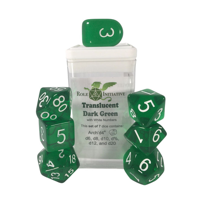 Role 4 Initiative Set of 7 Dice with Arch'D4: Translucent Dark Green with White Numbers