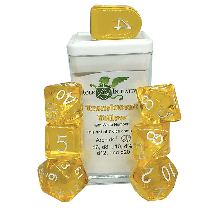 Role 4 Initiative Set of 7 Dice with Arch'D4: Translucent Yellow with White Numbers