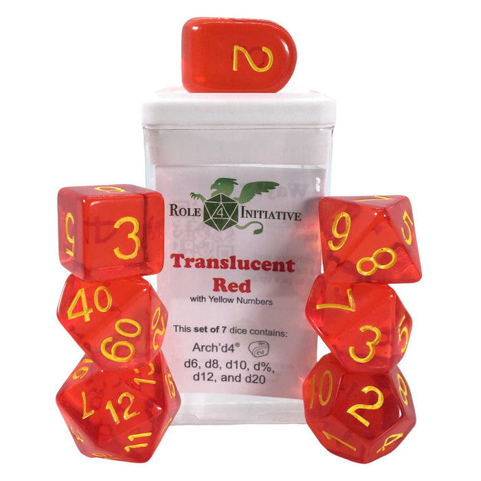 Role 4 Initiative Set of 7 Dice with Arch'D4: Translucent Red with Yellow Numbers