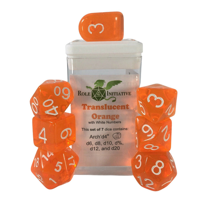 Role 4 Initiative Set of 7 Dice with Arch'D4: Translucent Orange with White Numbers