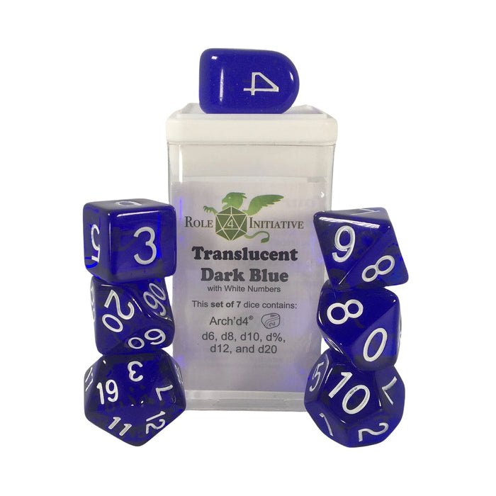 Role 4 Initiative Set of 7 Dice with Arch'D4: Translucent Dark Blue with White Numbers
