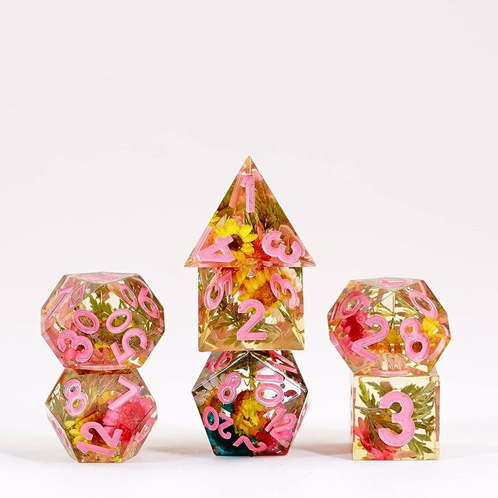 FanRoll: Premium Handcrafted Sharp Edge Inclusion 7-Piece Dice Set - Chrysanthemum with Pink
