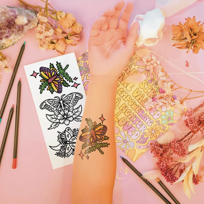 Mindful Ink: Colour-In Temporary Tattoo - Moth in the Garden Mini Set