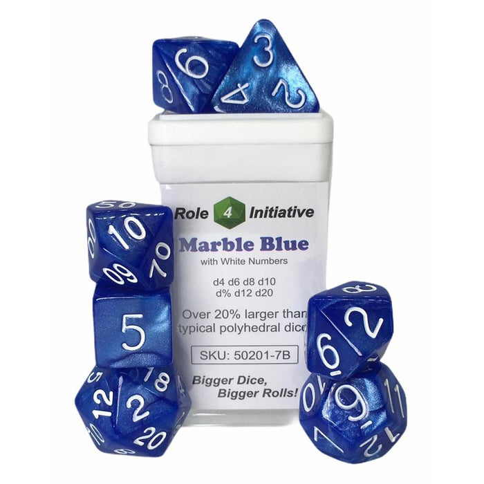 Classes & Creatures Set of 7 Dice with Arch'D4: Marble Blue with White Ink