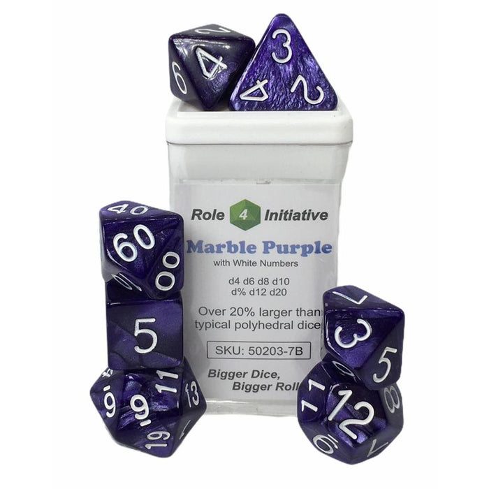 Classes & Creatures Set of 7 Dice with Arch'D4: Marble Purple with White Numbers