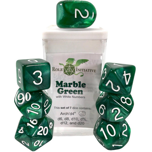 Classes & Creatures Set of 7 Dice with Arch'D4: Marble Green with White Numbers