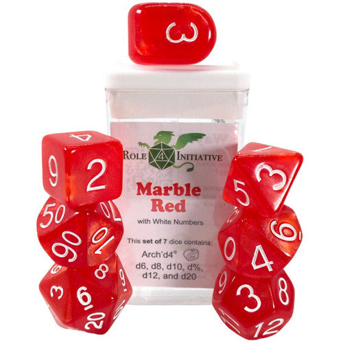 Classes & Creatures Set of 7 Dice with Arch'D4: Marble Red with White Numbers