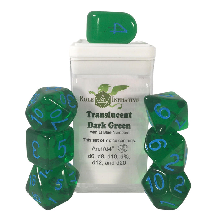 Role 4 Initiative Set of 7 Dice with Arch'D4: Translucent Dark Green with Light Blue Numbers