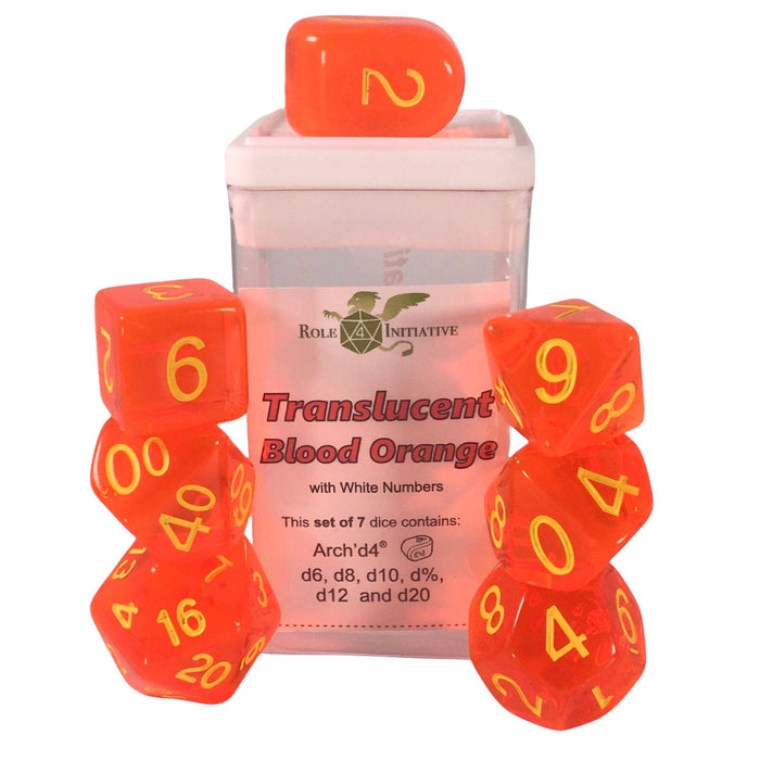 Role 4 Initiative Set of 7 Dice with Arch'D4: Translucent Blood Orange with Yellow Numbers