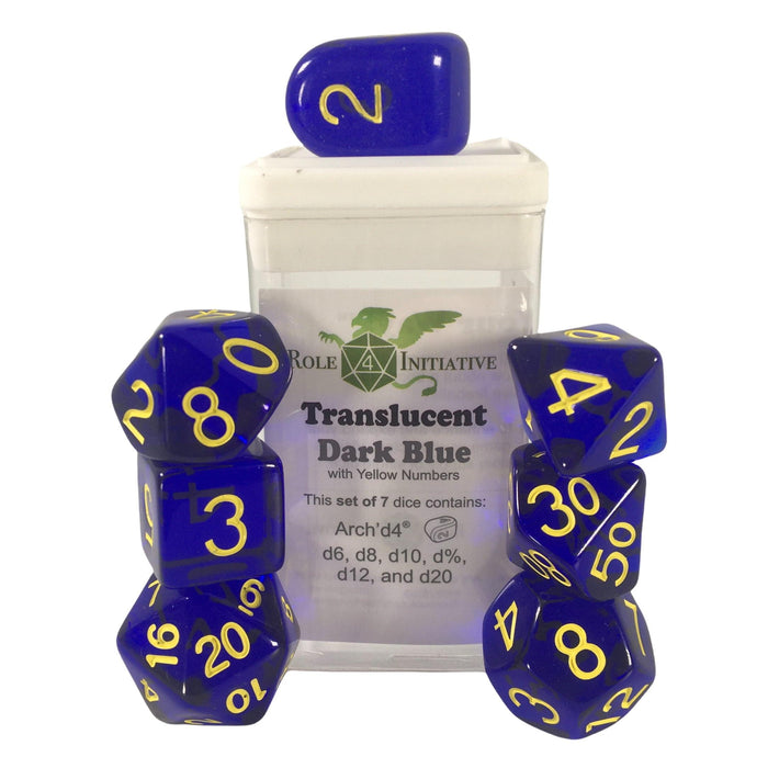 Role 4 Initiative Set of 7 Dice with Arch'D4: Translucent Dark Blue with Yellow Numbers