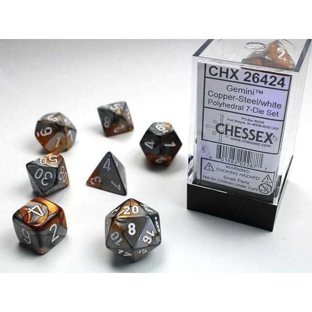 Chessex 7-Piece Sets: Gemini Dice - Copper-Steel/White