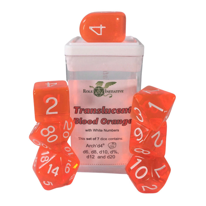 Role 4 Initiative Set of 7 Dice with Arch'D4: Translucent Blood Orange with White Numbers