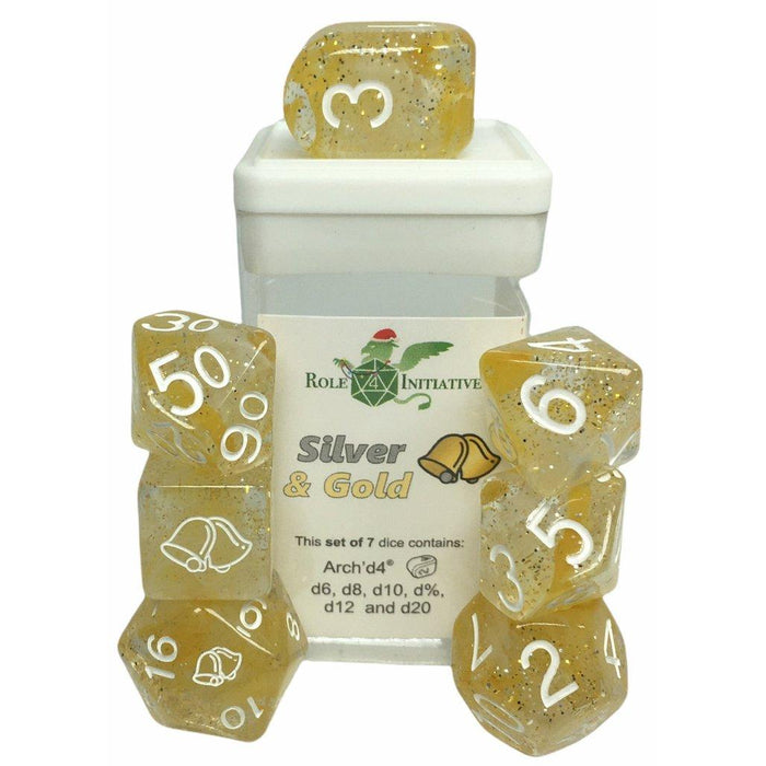 Role 4 Initiative Set of 7 Dice with Arch'D4: Holi-Dice Silver & Gold