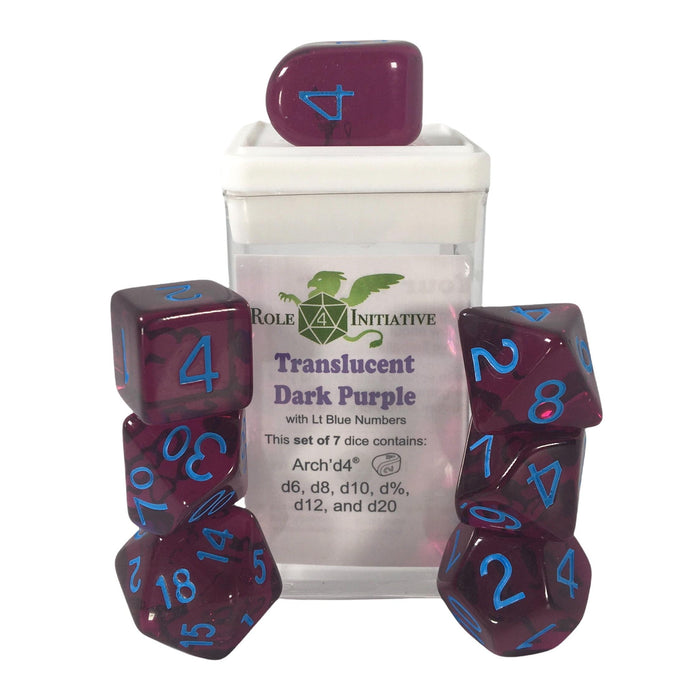 Role 4 Initiative Set of 7 Dice with Arch'D4: Translucent Dark Purple with Blue Numbers