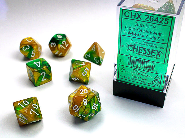 Chessex 7-Piece Sets: Gemini - Gold-Green/White