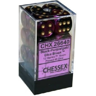 Chessex 12D6 16mm Dice: Gemini - Black-Purple/Gold