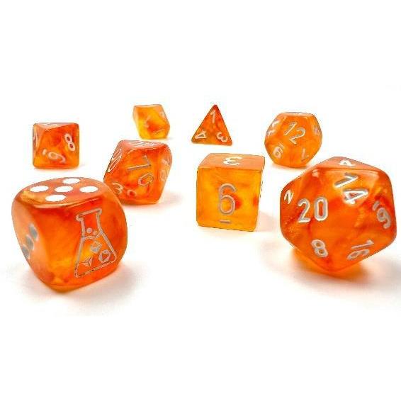 Chessex Lab Dice 7-Piece Sets: Borealis - Blood Orange/White Luminary