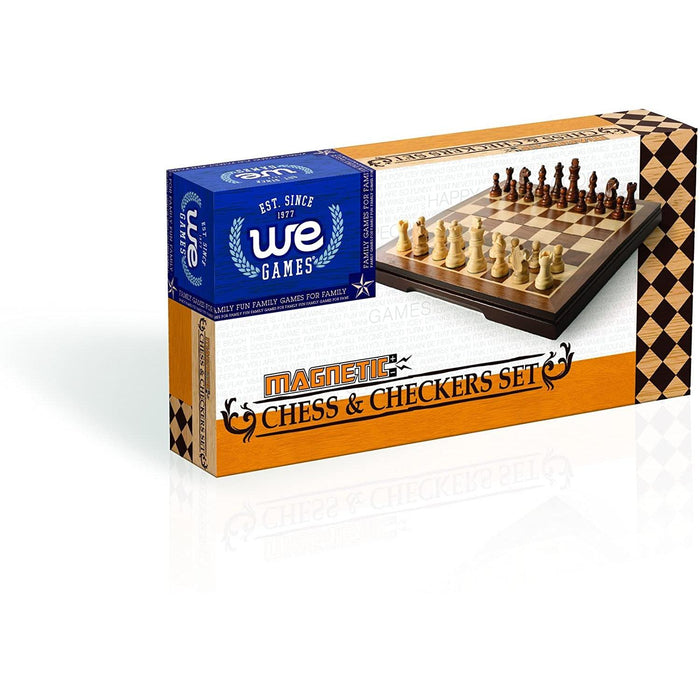 WE Games: 8" Magnetic Folding Chess & Checkers Set - Walnut Wood Finish