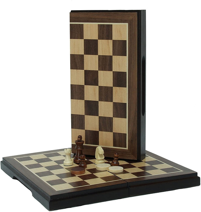 WE Games: 8" Magnetic Folding Chess & Checkers Set - Walnut Wood Finish