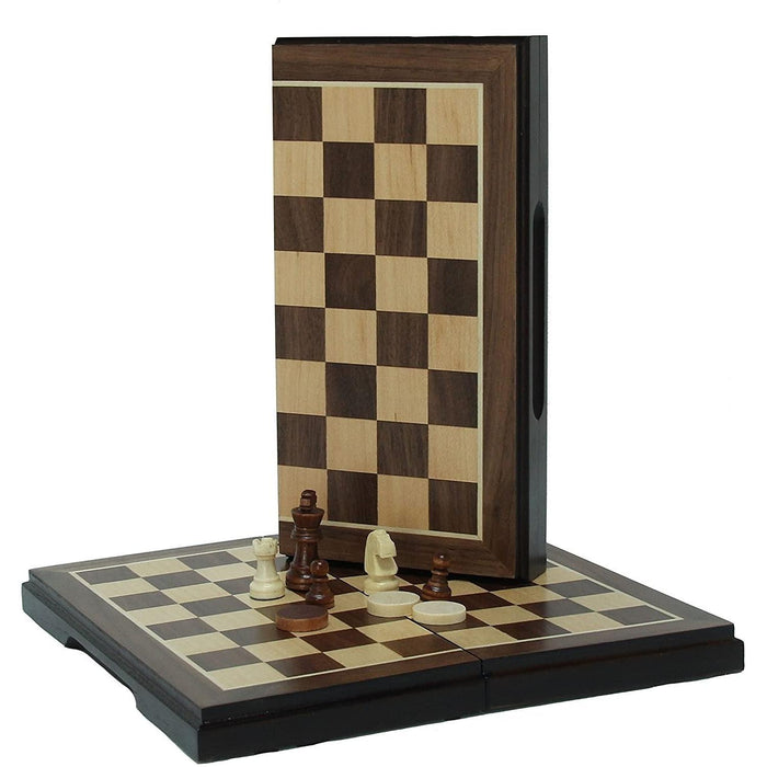 WE Games: 8" Magnetic Folding Chess & Checkers Set - Walnut Wood Finish