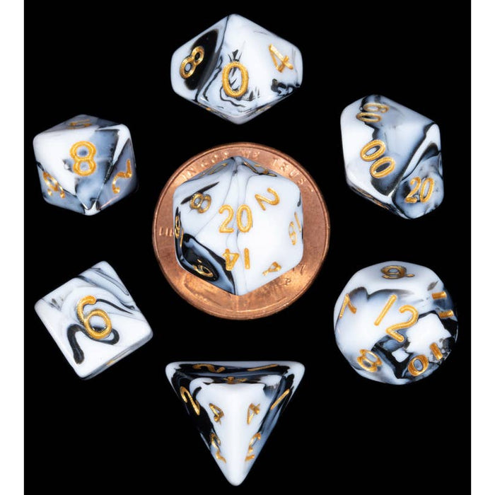 FanRoll: Acrylic 10mm Mini 7-Piece Dice Set - Marble with Gold Numbers