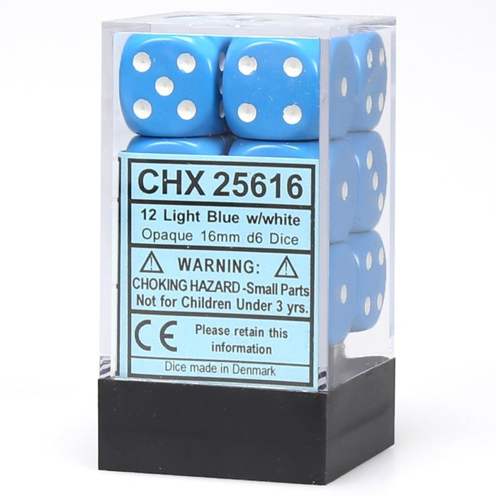 Chessex 12D6 16mm Dice: Opaque - Light Blue/White