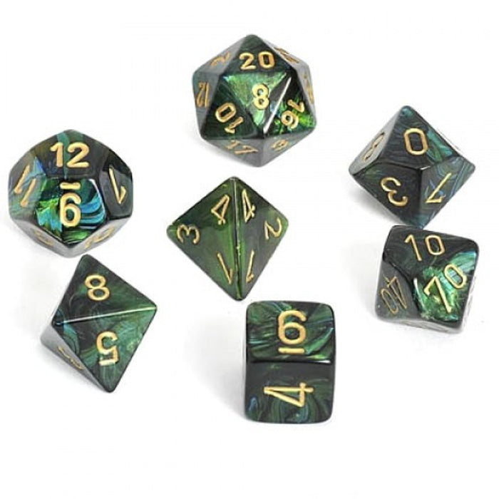 Chessex Dice: Scarab, 7-Piece Sets-Jade w/Gold-LVLUP GAMES