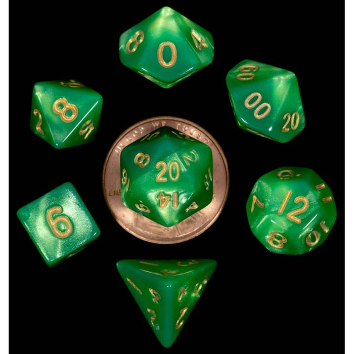 FanRoll: Acrylic 10mm Mini 7-Piece Dice Set - Green and Light Green with Gold Numbers