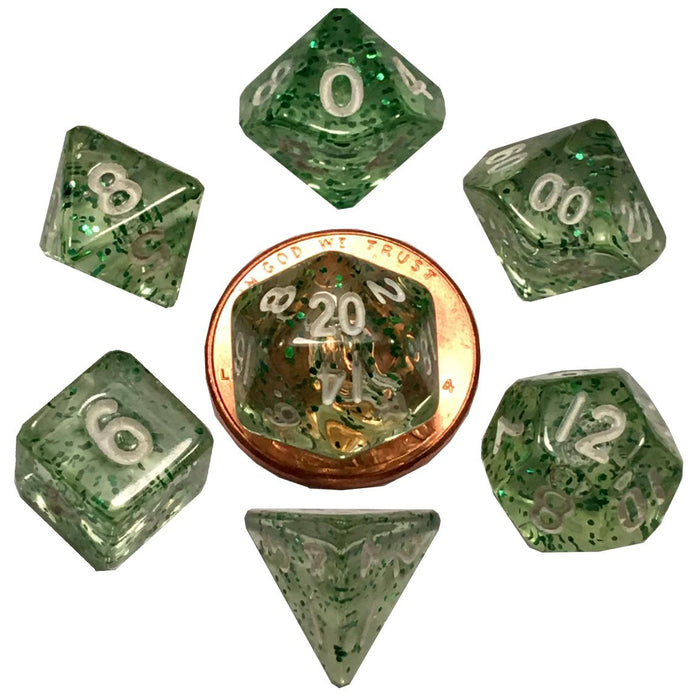 FanRoll: Acrylic 10mm Mini 7-Piece Dice Set - Ethereal Green with White Numbers