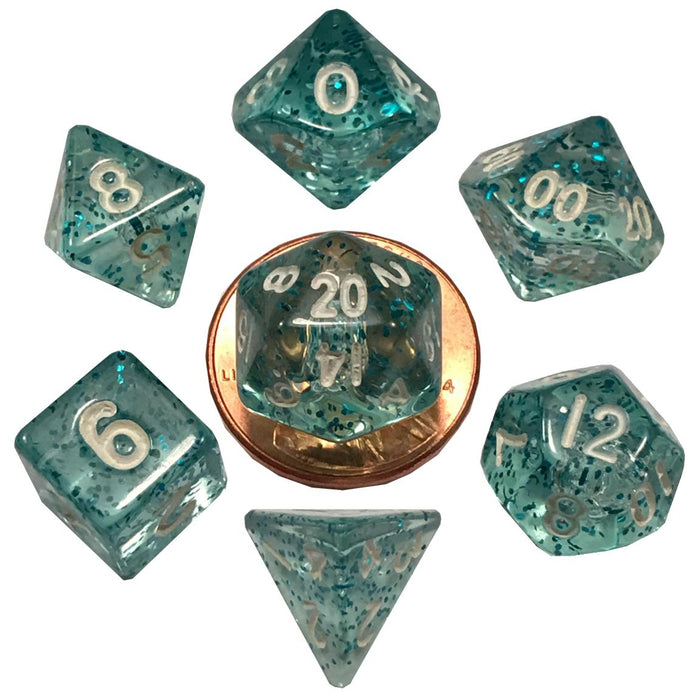 FanRoll: Acrylic 10mm Mini 7-Piece Dice Set - Ethereal Light Blue with White Numbers