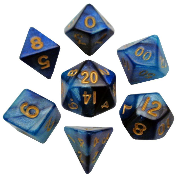FanRoll: Acrylic 10mm Mini 7-Piece Dice Set - Dark Blue and Light Blue with Gold Numbers